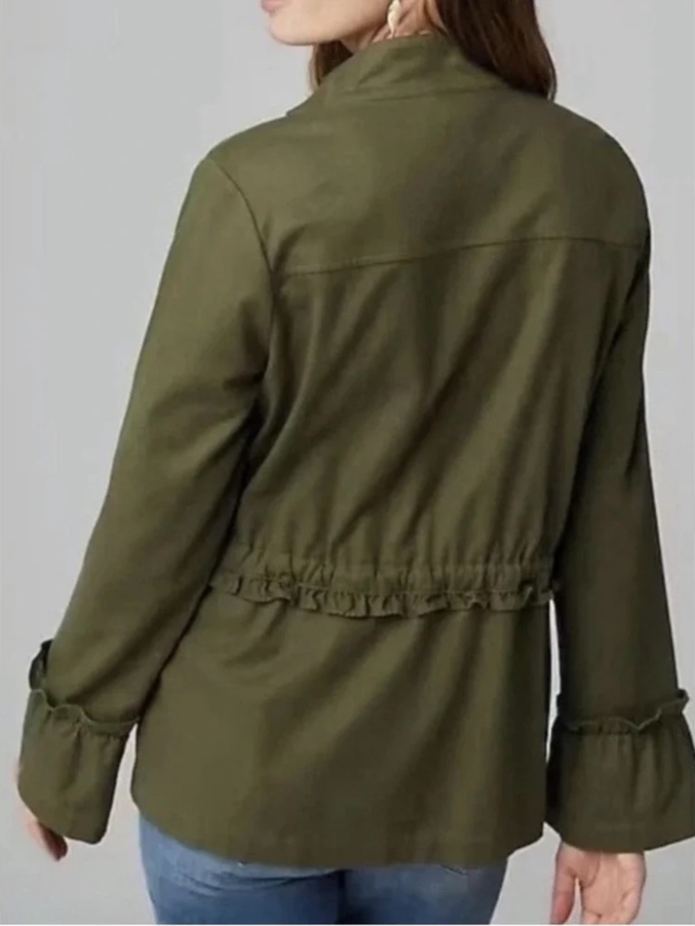 J Jill XL Olive Green Anorak Tie Waist Ruffle Safari Jacket